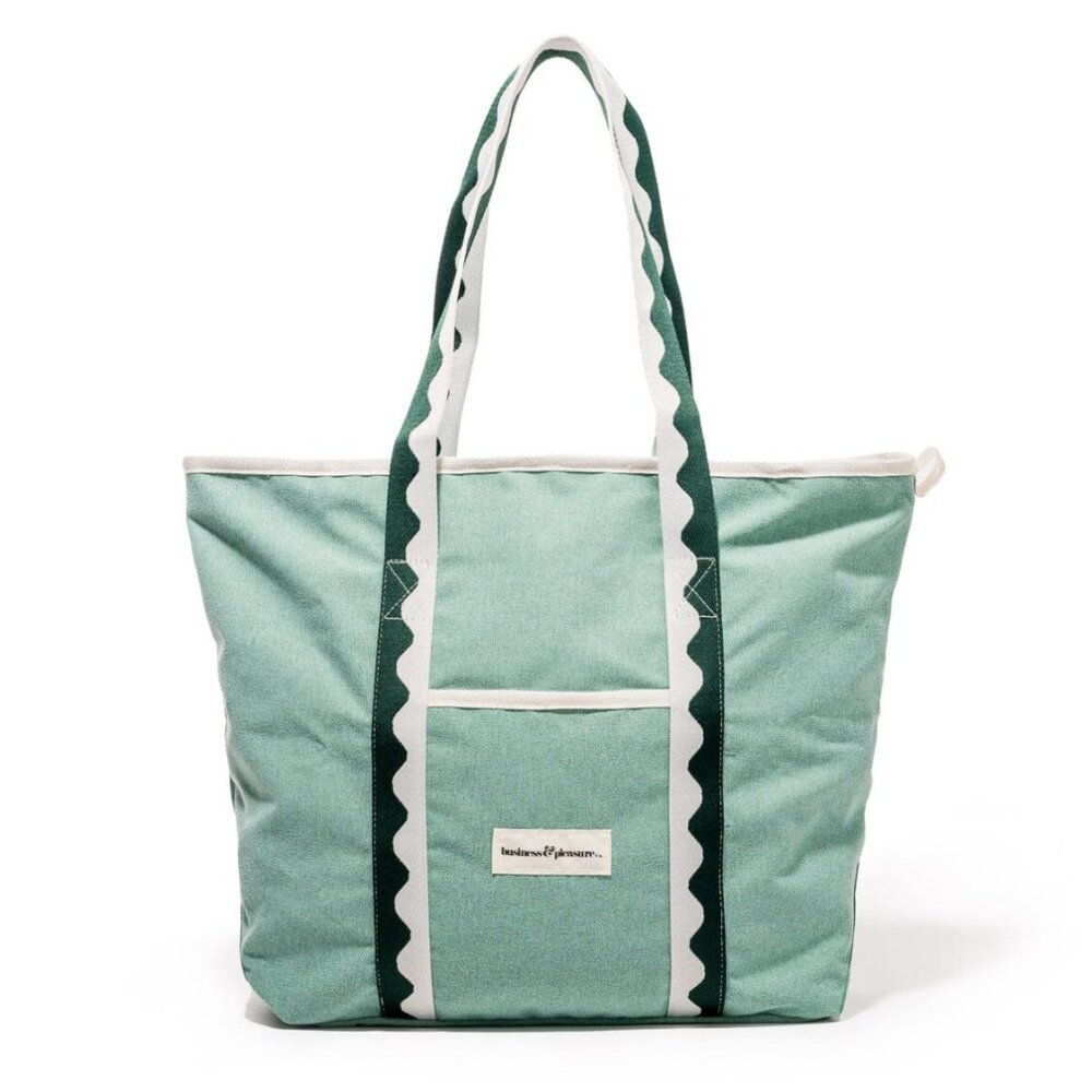 Business & Pleasure Co. THE COOLER TOTE BAG in Rivie Green. 16”L x 5”W x 10.5”H
